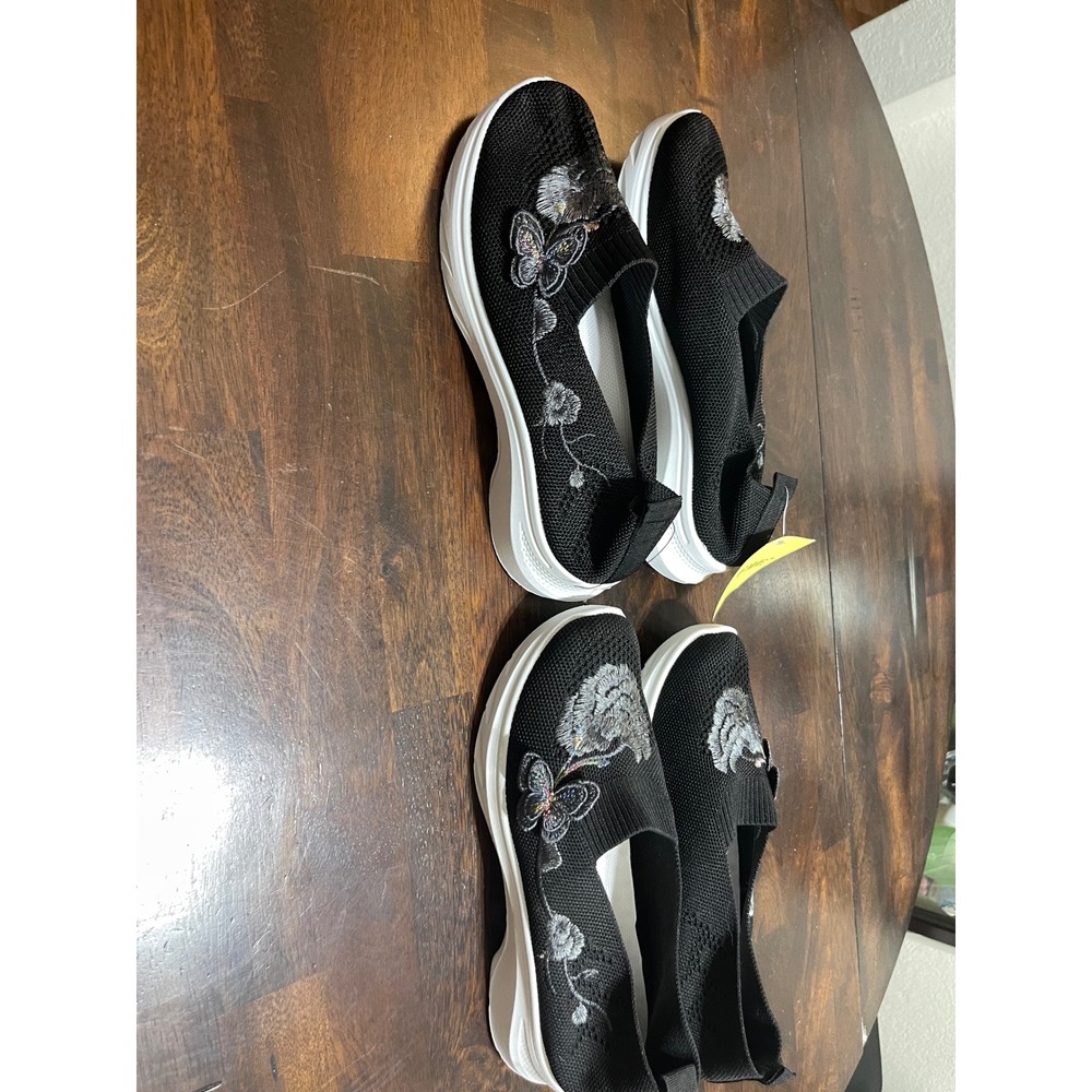 2 Pairs: FME Black Knit Butterfly Embroidered SlipOn Sneakers Womens Size 39 NEW